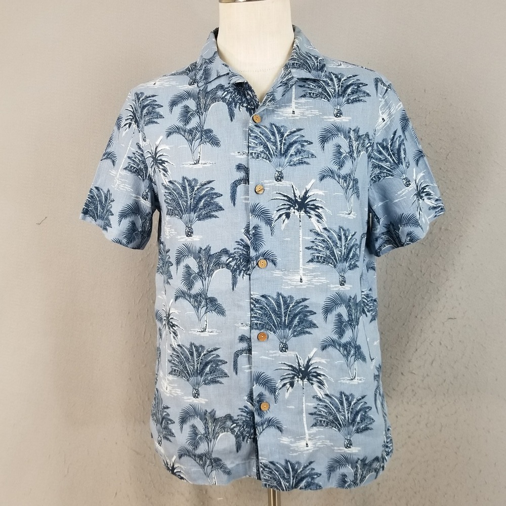 C&C California Button Down Mens M Blue Palm Tree Print 100% Linen Tropical Shirt